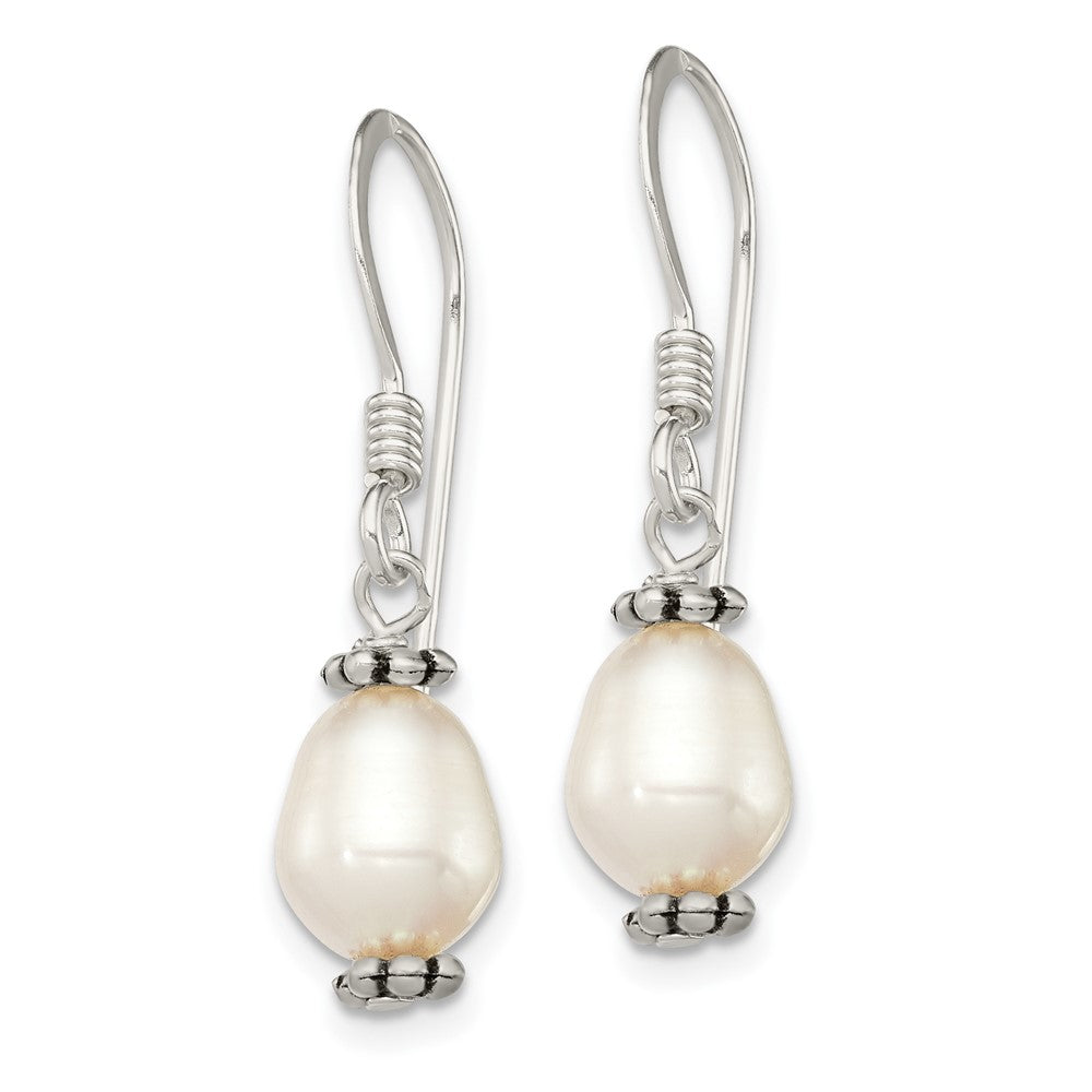 Sterling Silver Polished Antiqued & Beaded White 7- Freshwater Cultured Pearl Dangle Earrings