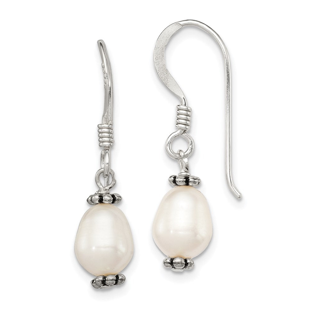 Sterling Silver Polished Antiqued & Beaded White 7- Freshwater Cultured Pearl Dangle Earrings