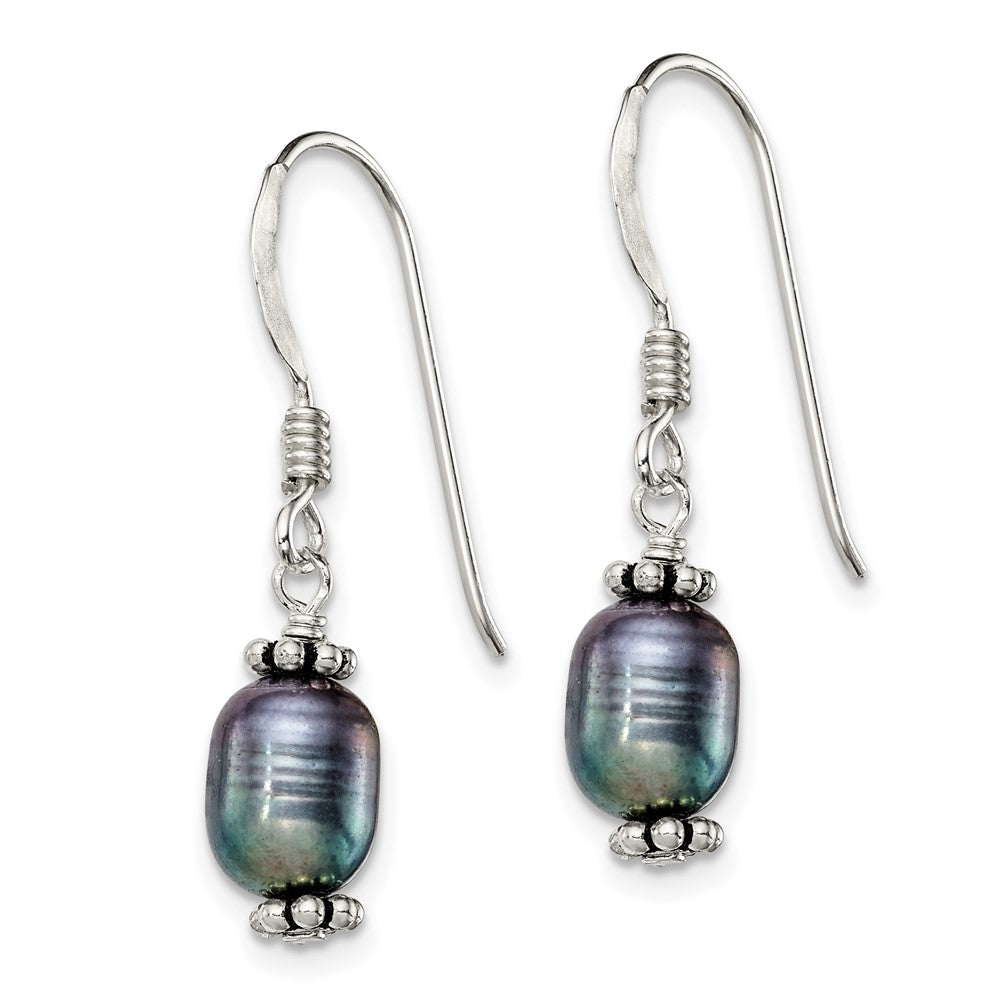 Sterling Silver Polished, Antiqued & Beaded 6- Rice Black Freshwater Cultured Pearl Dangle Earrings
