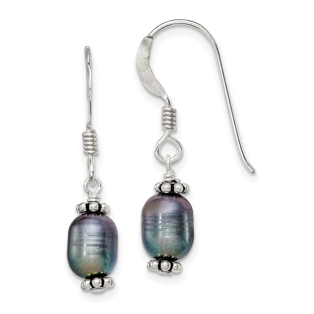 Sterling Silver Polished, Antiqued & Beaded 6- Rice Black Freshwater Cultured Pearl Dangle Earrings