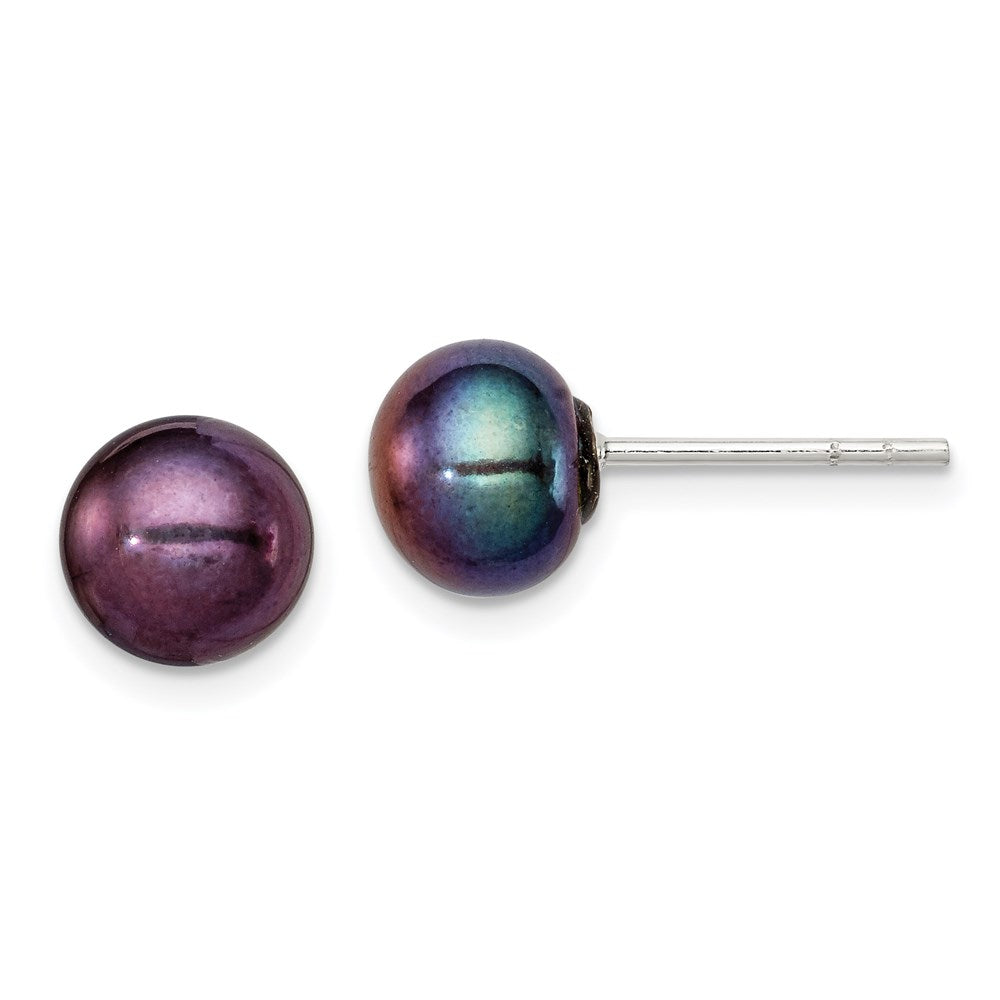 Sterling Silver Polished 7- Black Freshwater Cultured Pearl Button Post Earrings