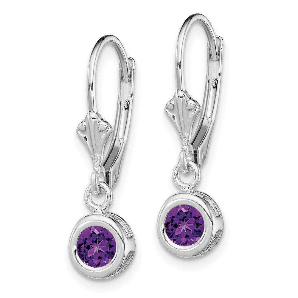 Sterling Silver Rhodium Plated Round Amethyst Leverback Earrings