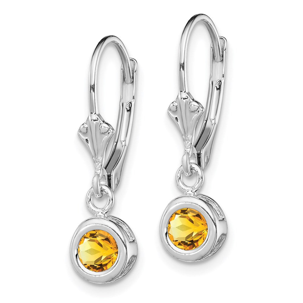 Sterling Silver Rhodium Plated Round Citrine Leverback Earrings