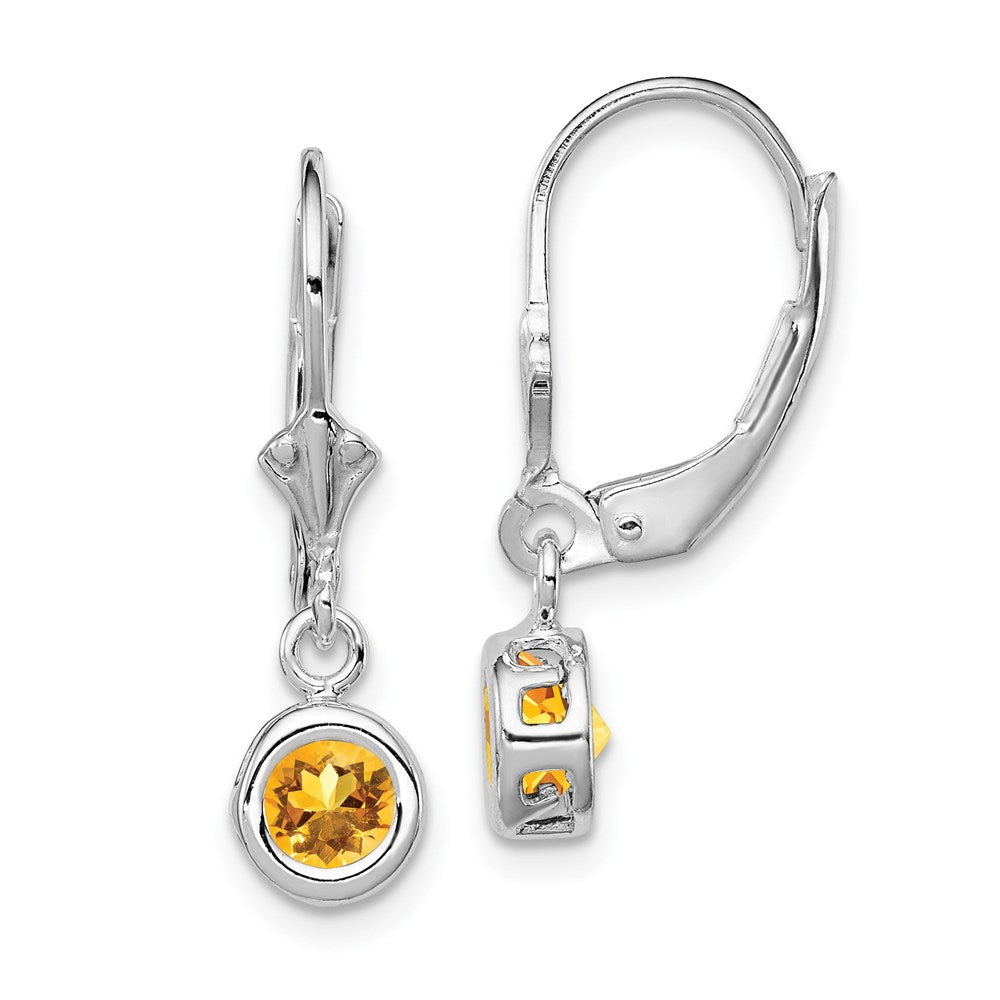Sterling Silver Rhodium Plated Round Citrine Leverback Earrings
