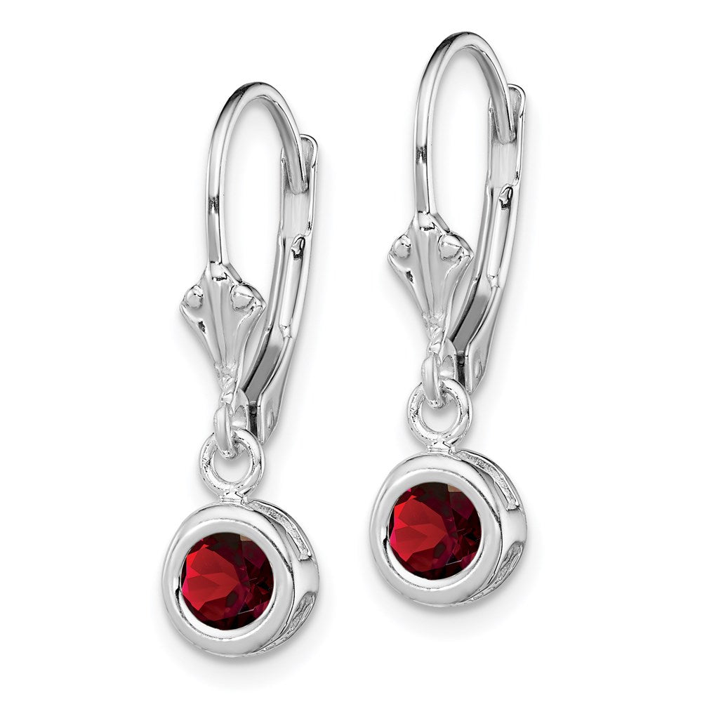 Sterling Silver Rhodium Plated Round Garnet Leverback Earrings