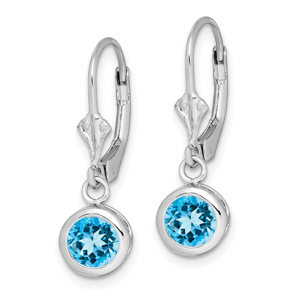 Sterling Silver Rhodium Plated Round Blue Topaz Leverback Earrings