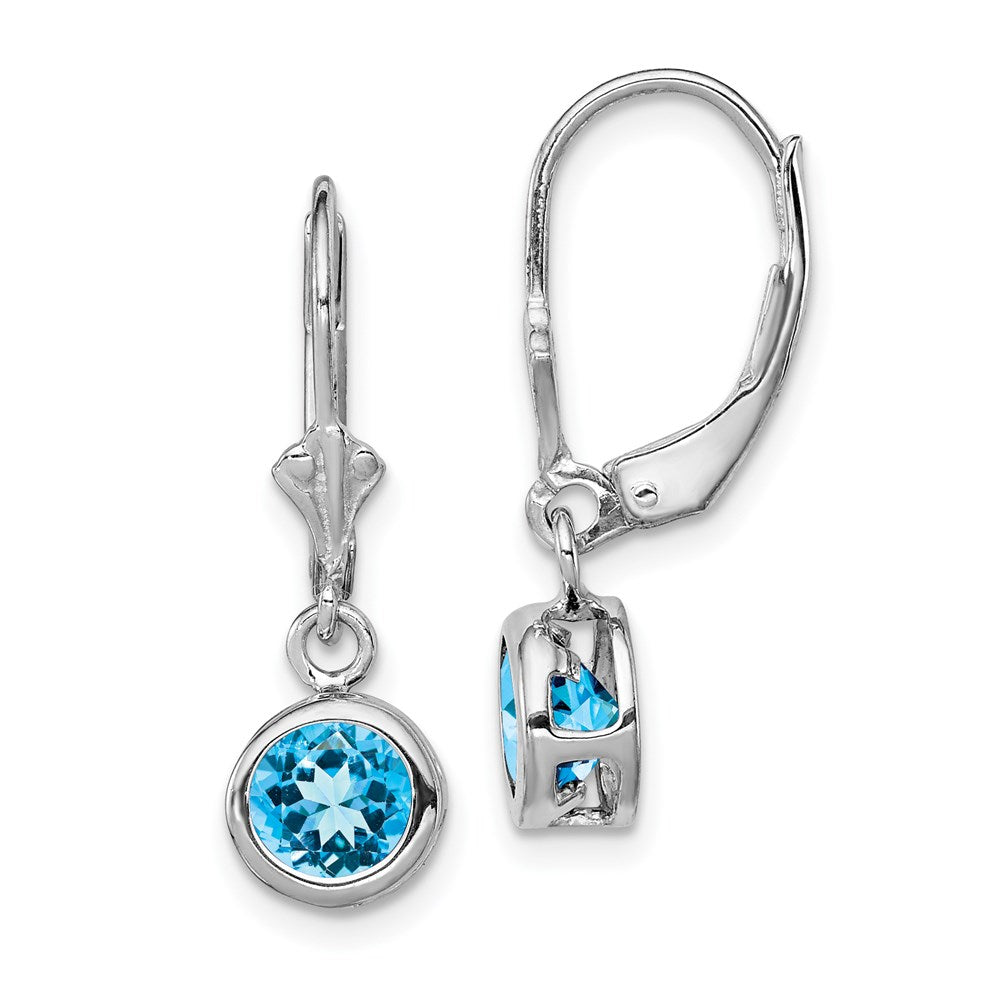 Sterling Silver Rhodium Plated Round Blue Topaz Leverback Earrings