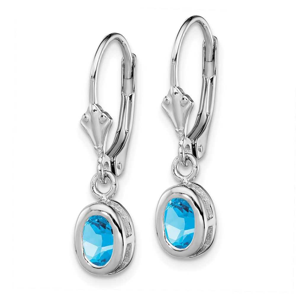 Sterling Silver Rhodium Plated 6x Oval Blue Topaz Leverback Earrings