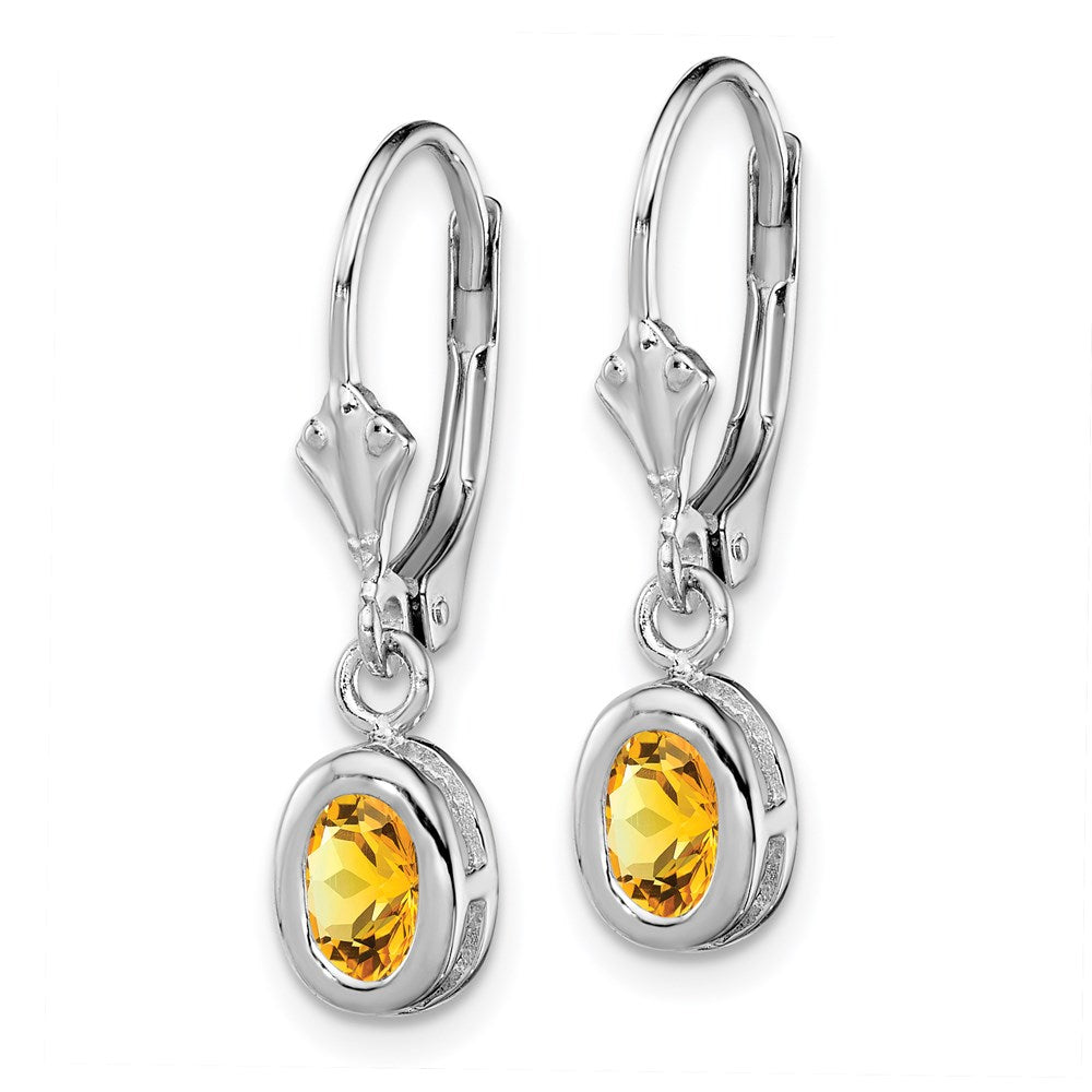 Sterling Silver Rhodium Plated 6x Oval Citrine Leverback Earrings