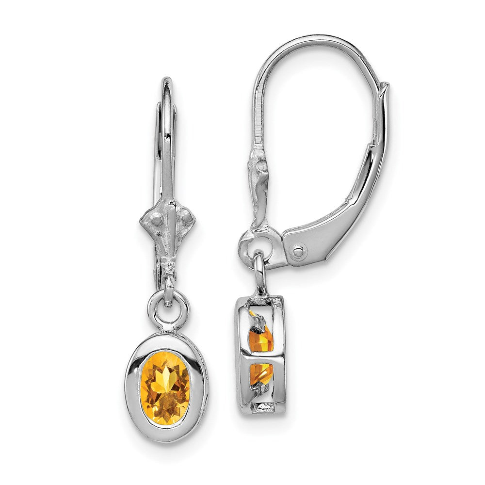 Sterling Silver Rhodium Plated 6x Oval Citrine Leverback Earrings