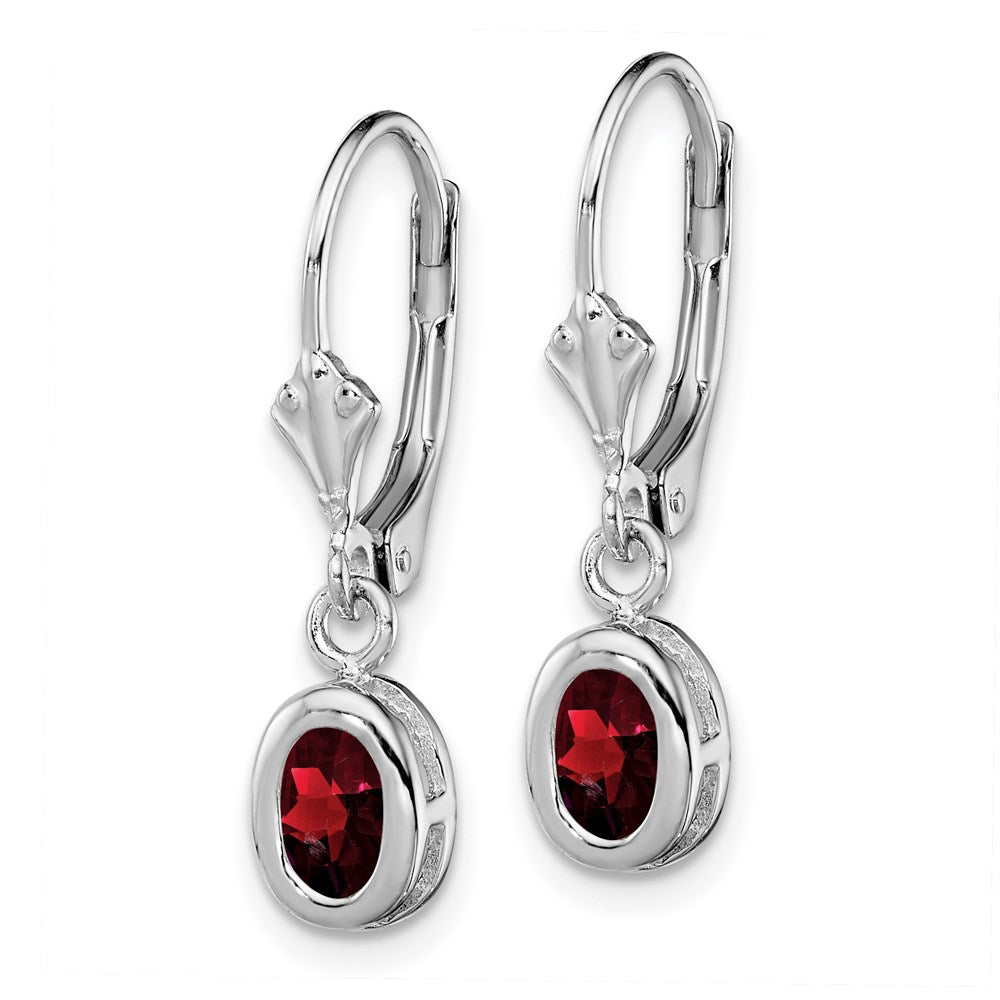 Sterling Silver Rhodium 6x Oval Garnet Leverback Earrings