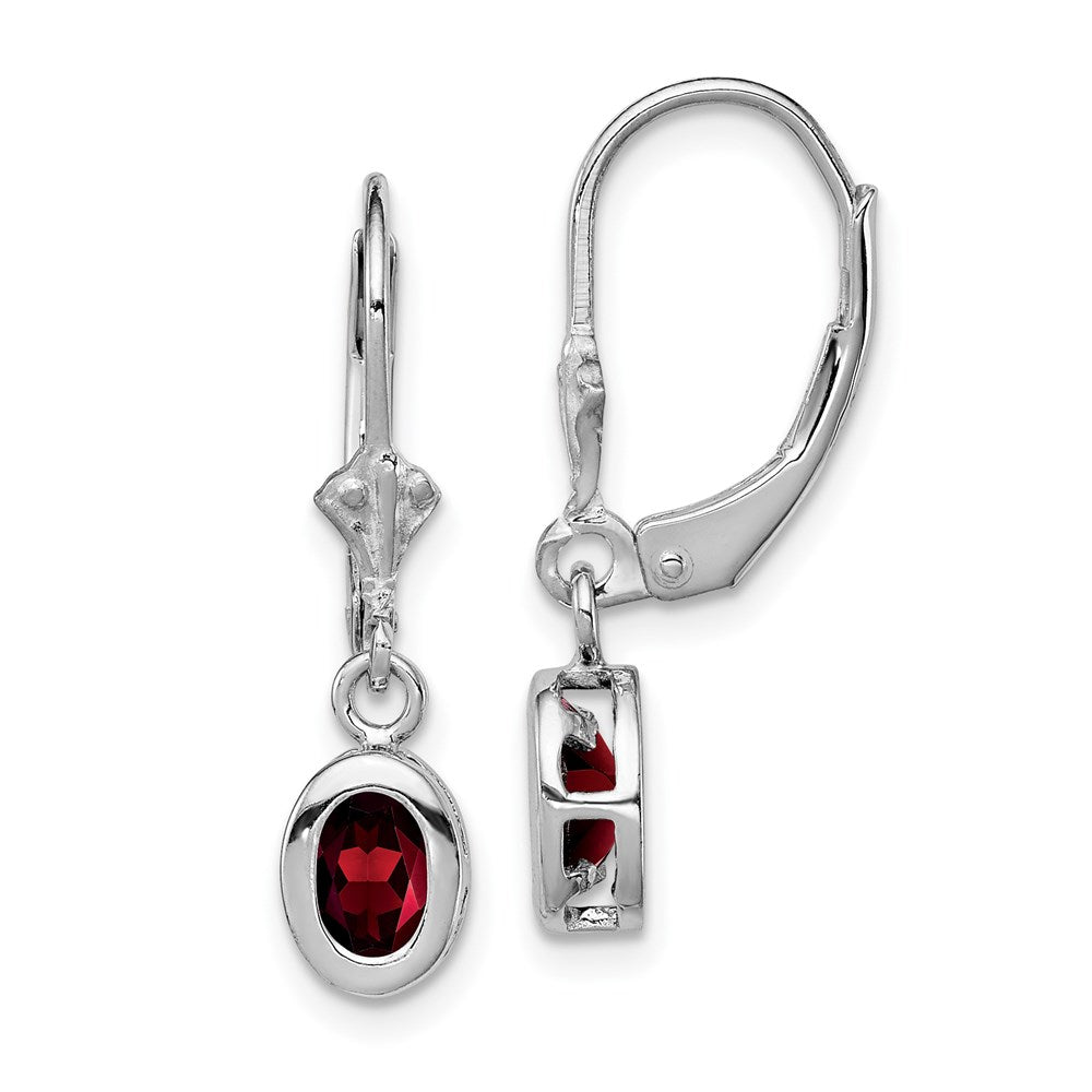 Sterling Silver Rhodium 6x Oval Garnet Leverback Earrings