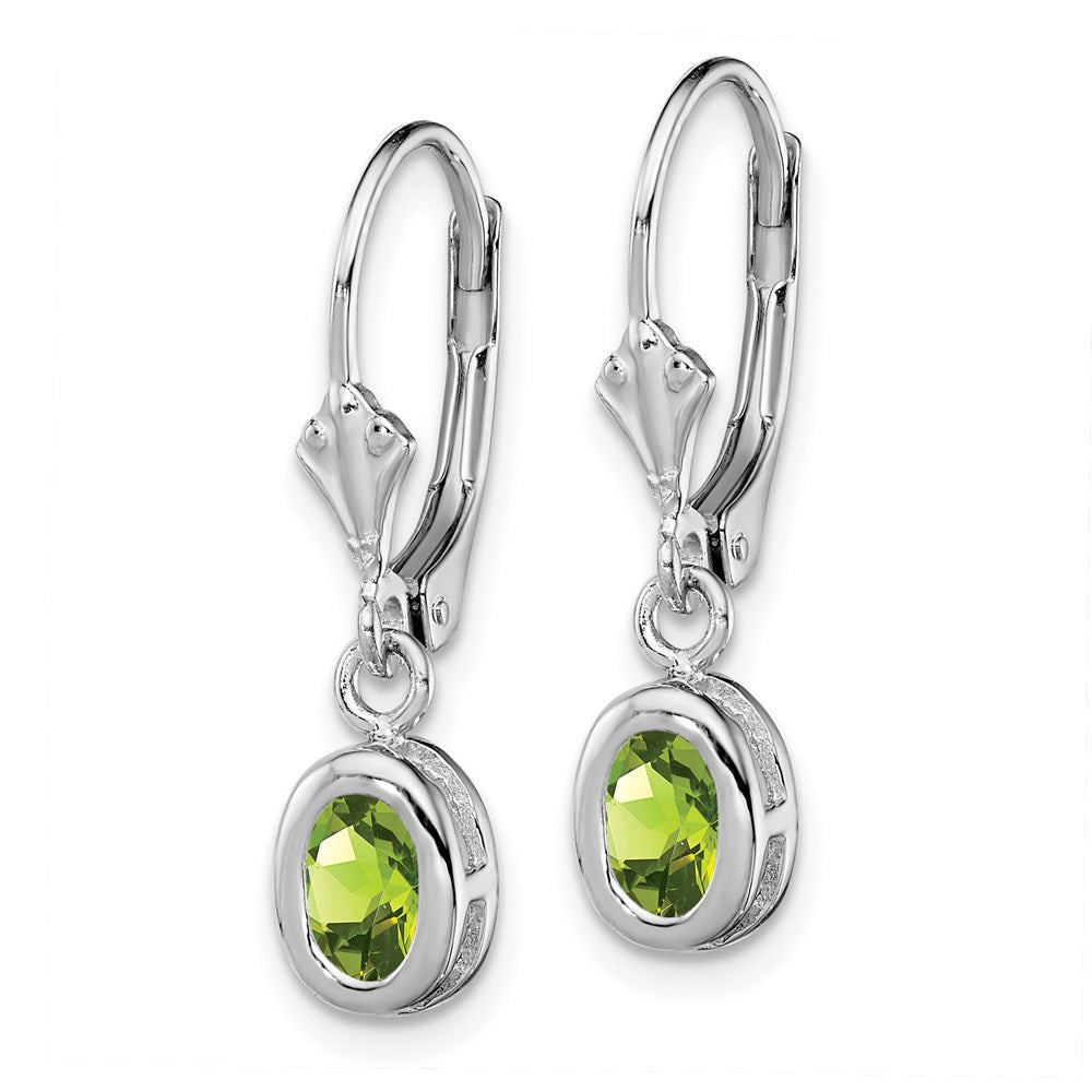 Sterling Silver Rhodium Plated 6x Oval Peridot Leverback Earrings