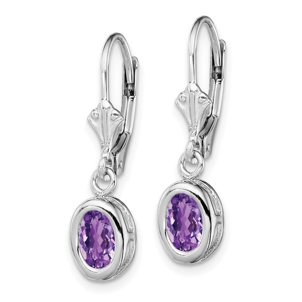 Sterling Silver Rhodium Plated 7x Oval Amethyst Leverback Earrings