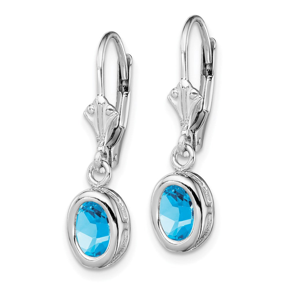 Sterling Silver Rhodium Plated 7x Oval Blue Topaz Leverback Earrings