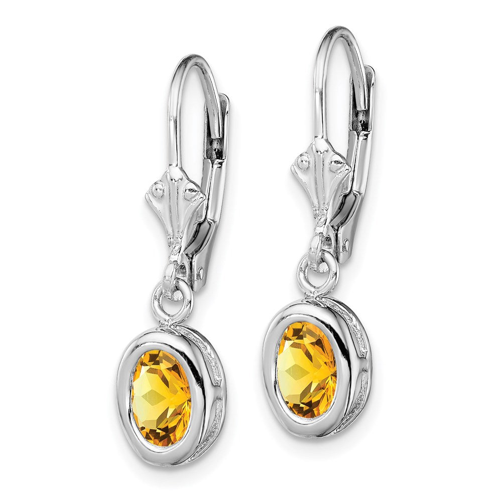 Sterling Silver Rhodium Plated 7x Oval Citrine Leverback Earrings