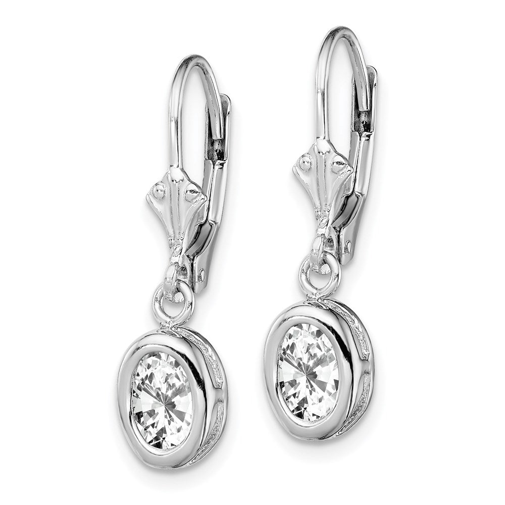 Sterling Silver Rhodium Plated 7x Oval CZ Leverback Earrings