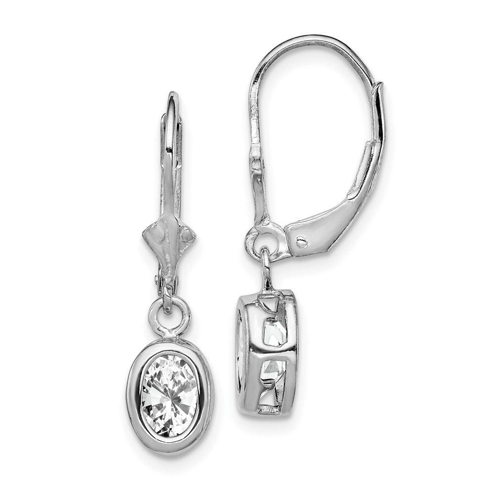 Sterling Silver Rhodium Plated 7x Oval CZ Leverback Earrings