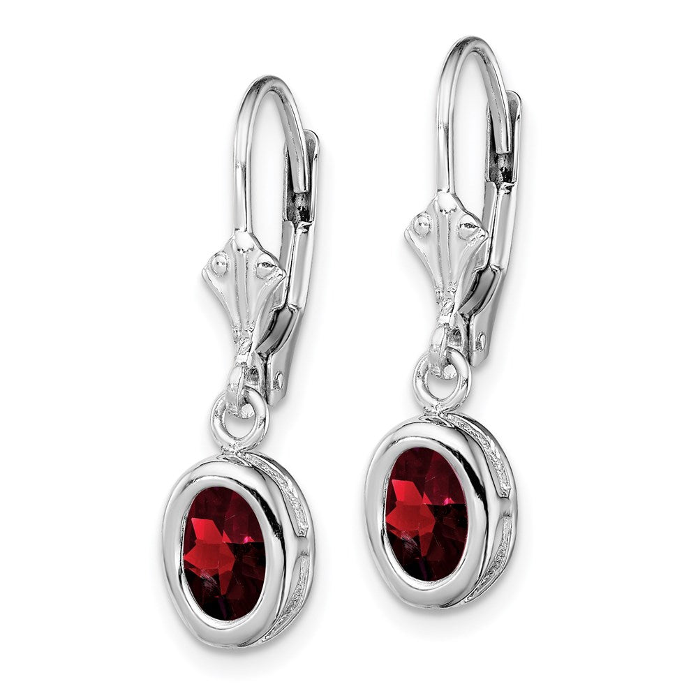 Sterling Silver Rhodium Plated 7x Oval Garnet Leverback Earrings