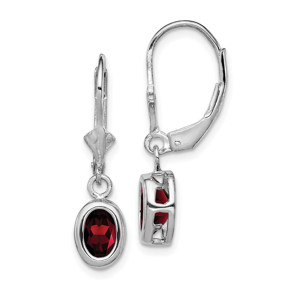 Sterling Silver Rhodium Plated 7x Oval Garnet Leverback Earrings