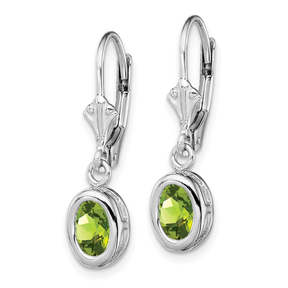 Sterling Silver Rhodium Plated 7x Oval Peridot Leverback Earrings