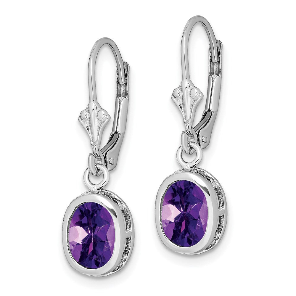Sterling Silver Rhodium Plated 8x Oval Amethyst Leverback Earrings