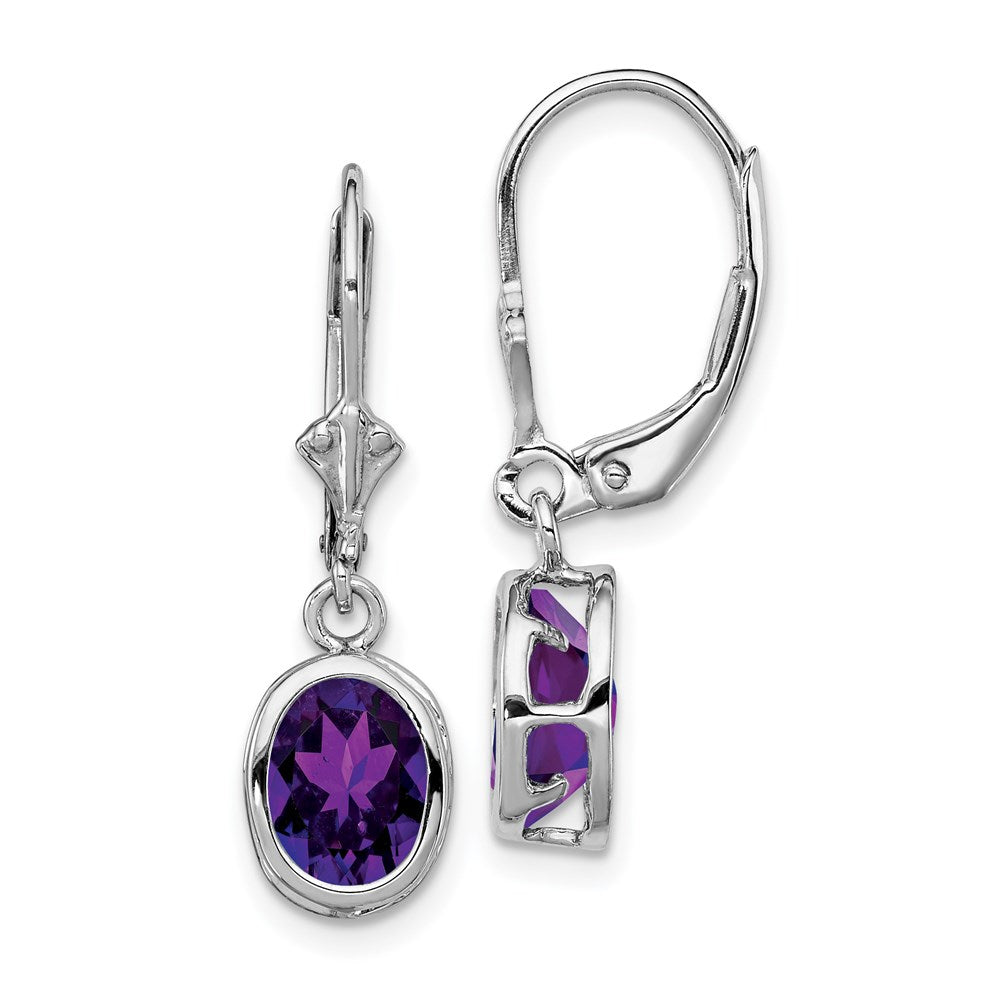 Sterling Silver Rhodium Plated 8x Oval Amethyst Leverback Earrings
