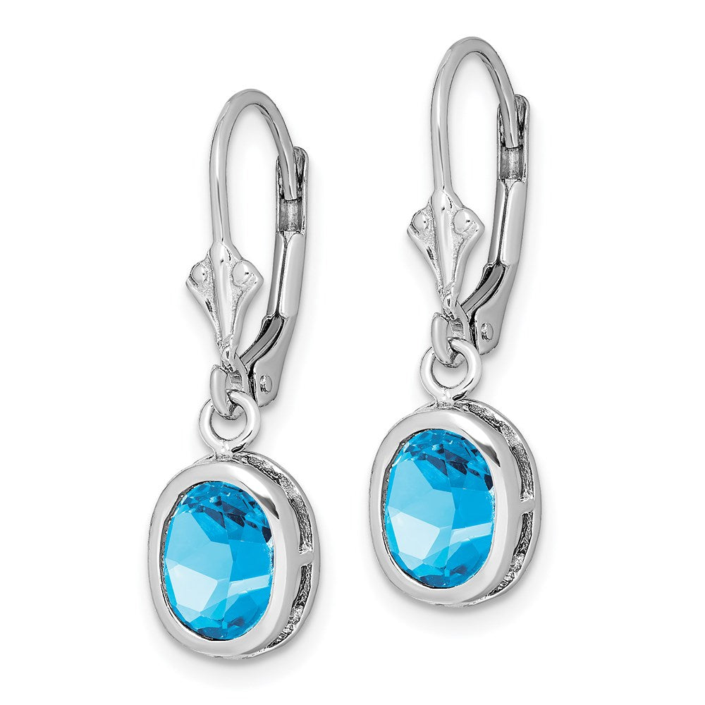 Sterling Silver Rhodium Plated 8x Oval Blue Topaz Leverback Earrings