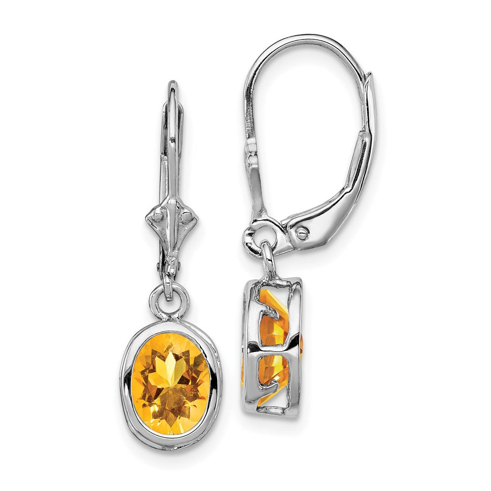 Sterling Silver Rhodium Plated 8x Oval Citrine Leverback Earrings