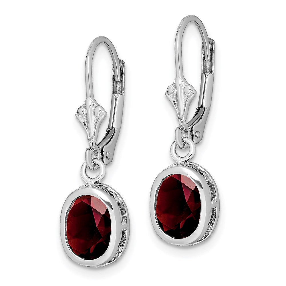 Sterling Silver Rhodium Plated 8x Oval Garnet Leverback Earrings