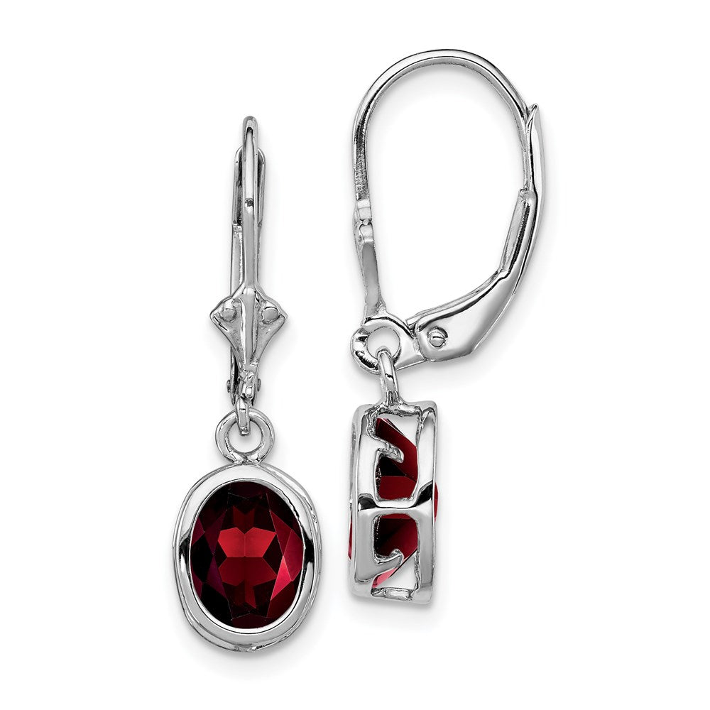 Sterling Silver Rhodium Plated 8x Oval Garnet Leverback Earrings