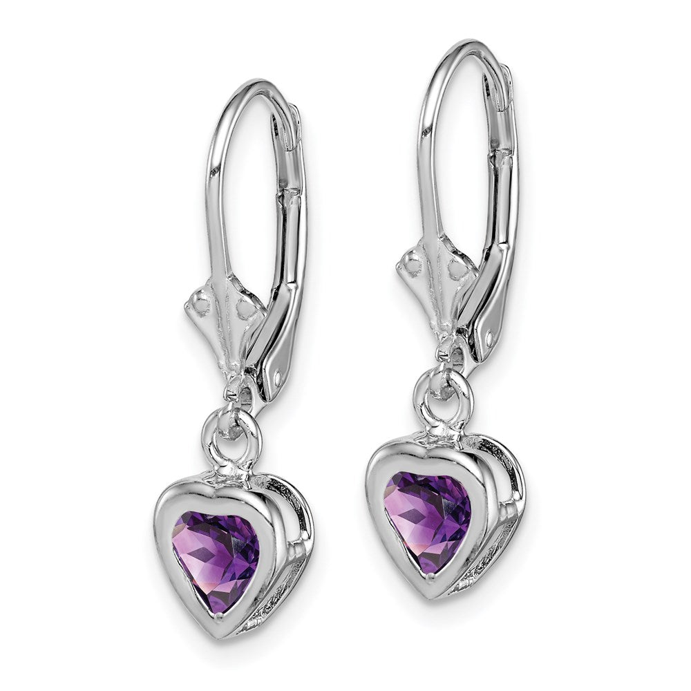 Sterling Silver Rhodium Plated Heart Amethyst Leverback Earrings