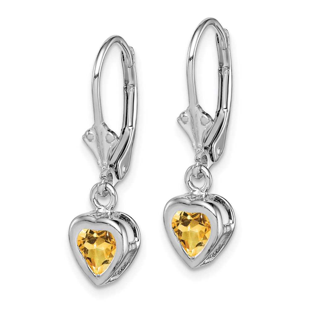 Sterling Silver Rhodium Plated Heart Citrine Leverback Earrings