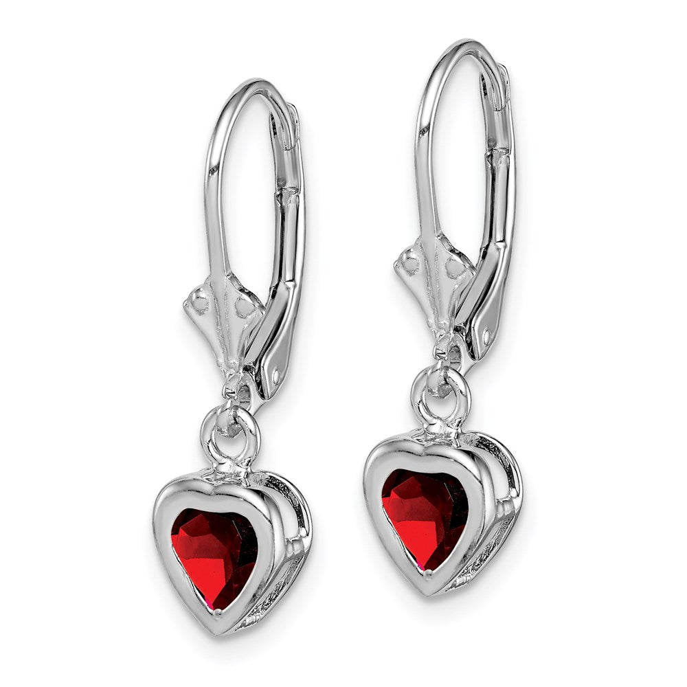 Sterling Silver Rhodium Plated Heart Garnet Leverback Earrings