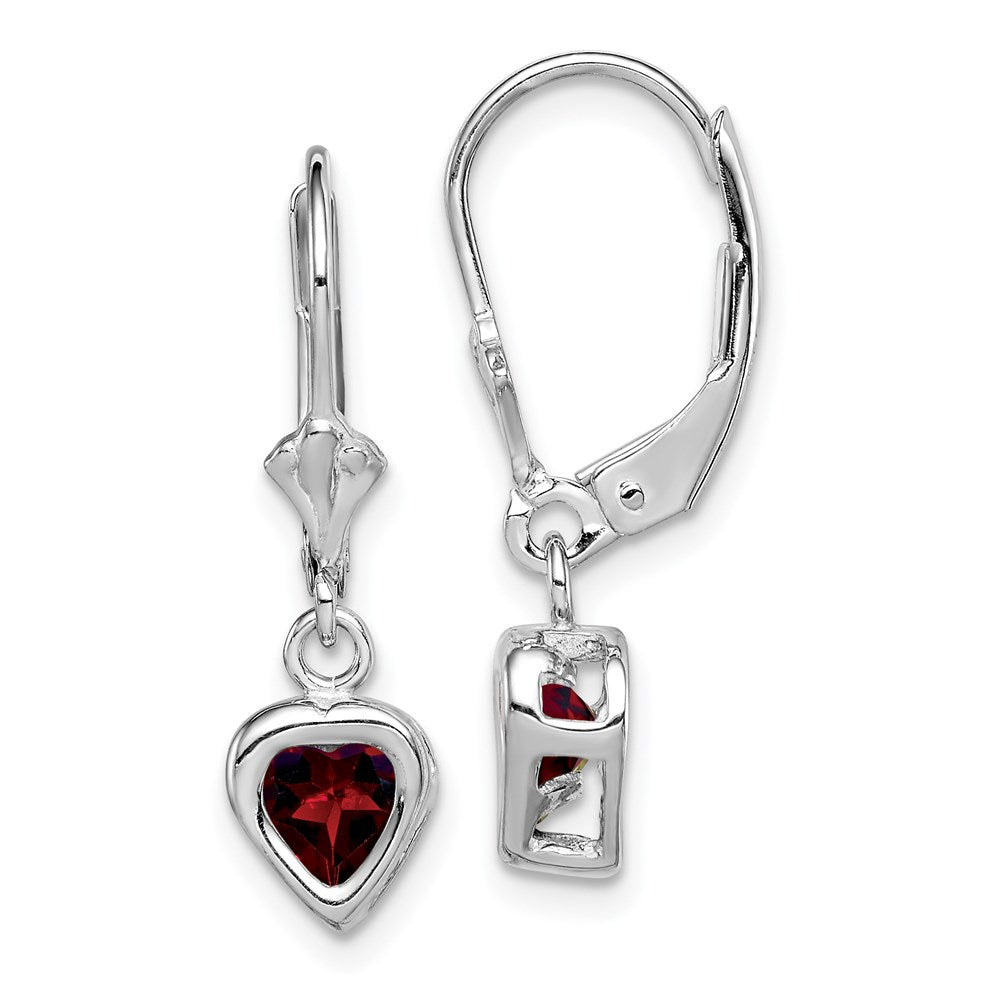 Sterling Silver Rhodium Plated Heart Garnet Leverback Earrings