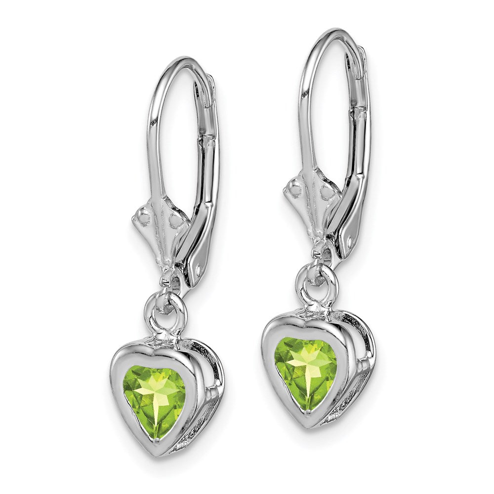 Sterling Silver Rhodium Plated Heart Peridot Leverback Earrings