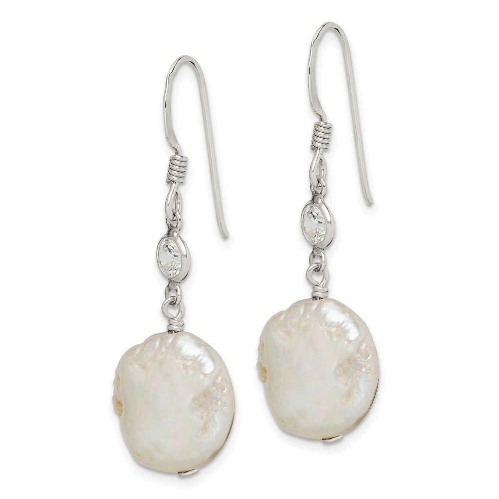Sterling Silver Polished White 12- Coin Freshwater Cultured Pearl & CZ Dangle Earrings