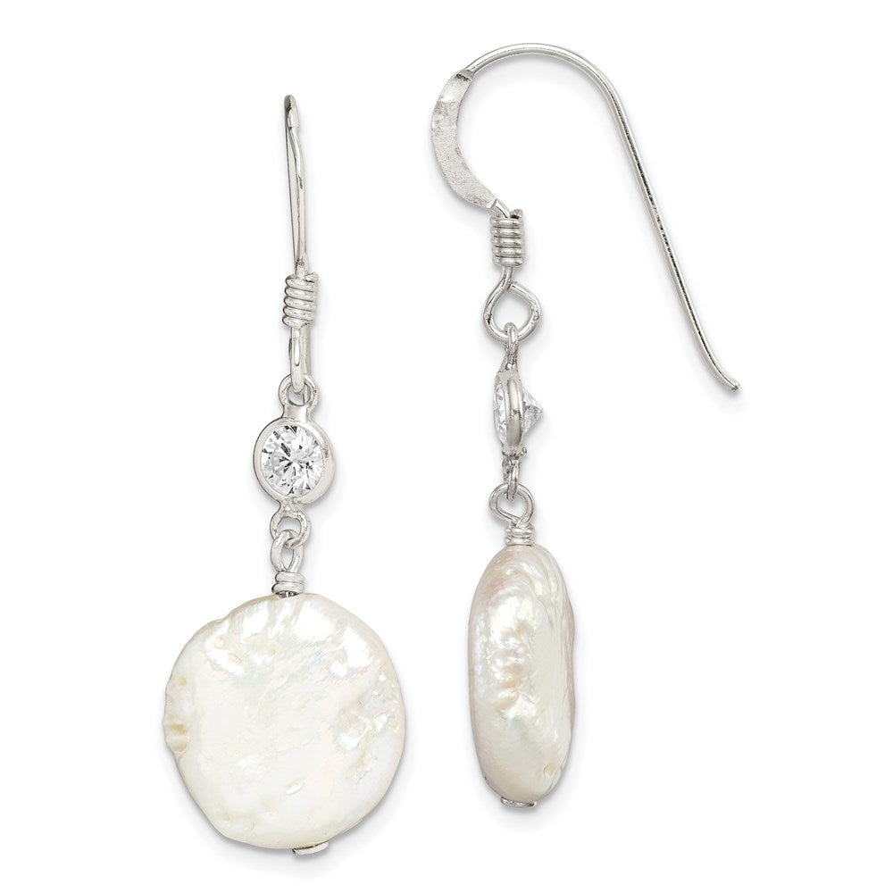Sterling Silver Polished White 12- Coin Freshwater Cultured Pearl & CZ Dangle Earrings