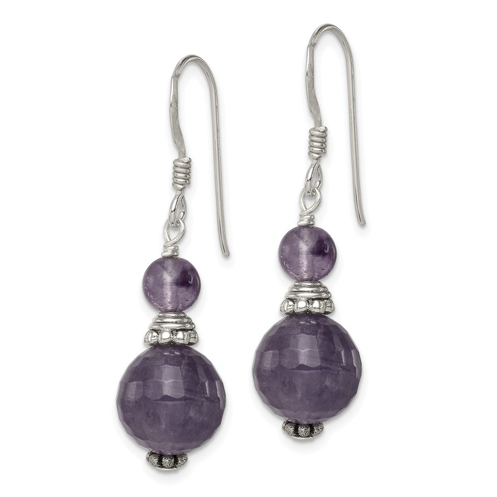 Sterling Silver Polished Antiqued & Beaded Amethyst Dangle Earrings