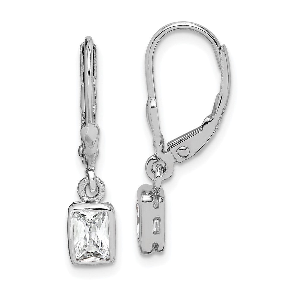 Sterling Silver Rhodium-plated Emerald-cut 6x CZ Leverback Earrings