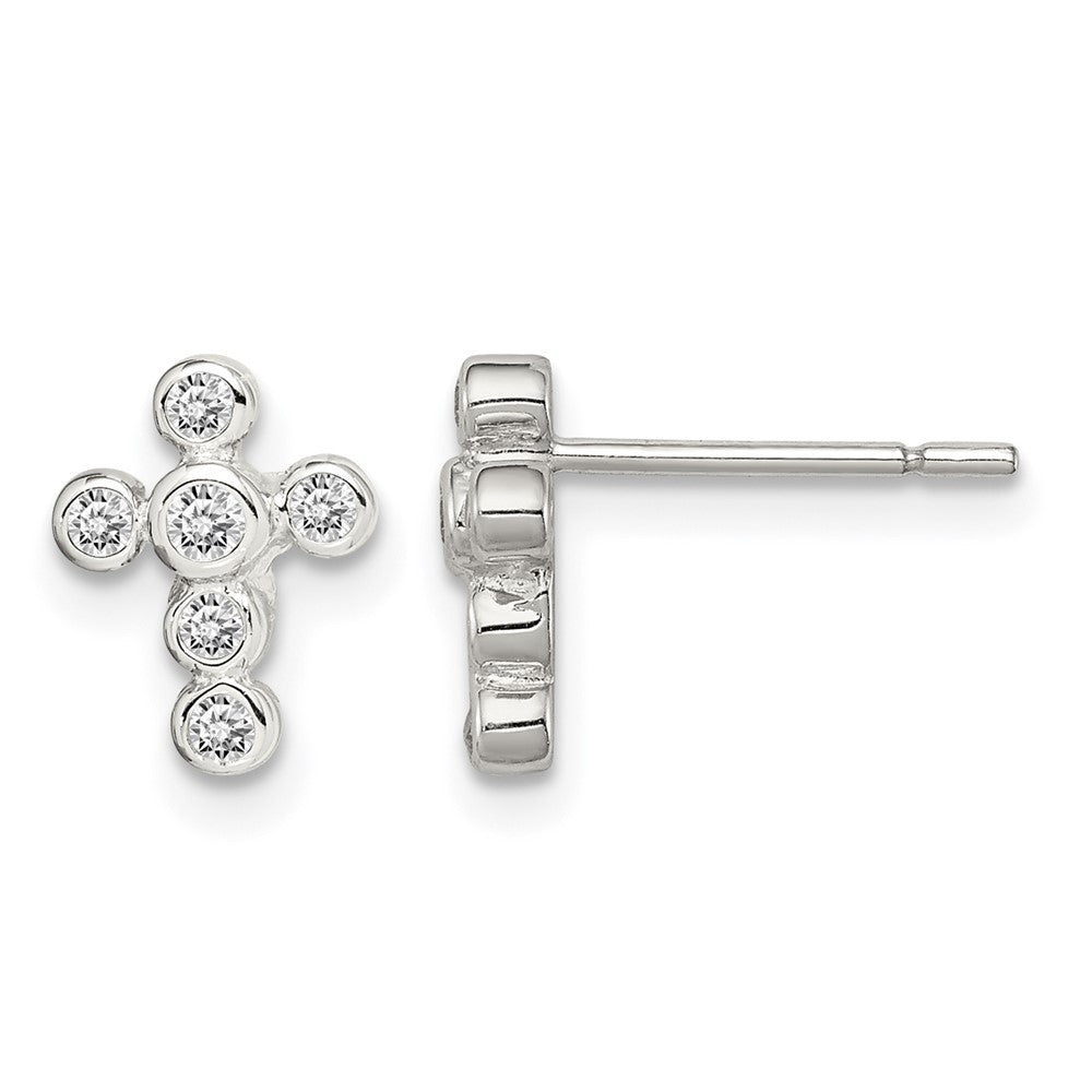 Sterling Silver Rhodium-plated Polished Bezel CZ Cross Petite Post Earrings