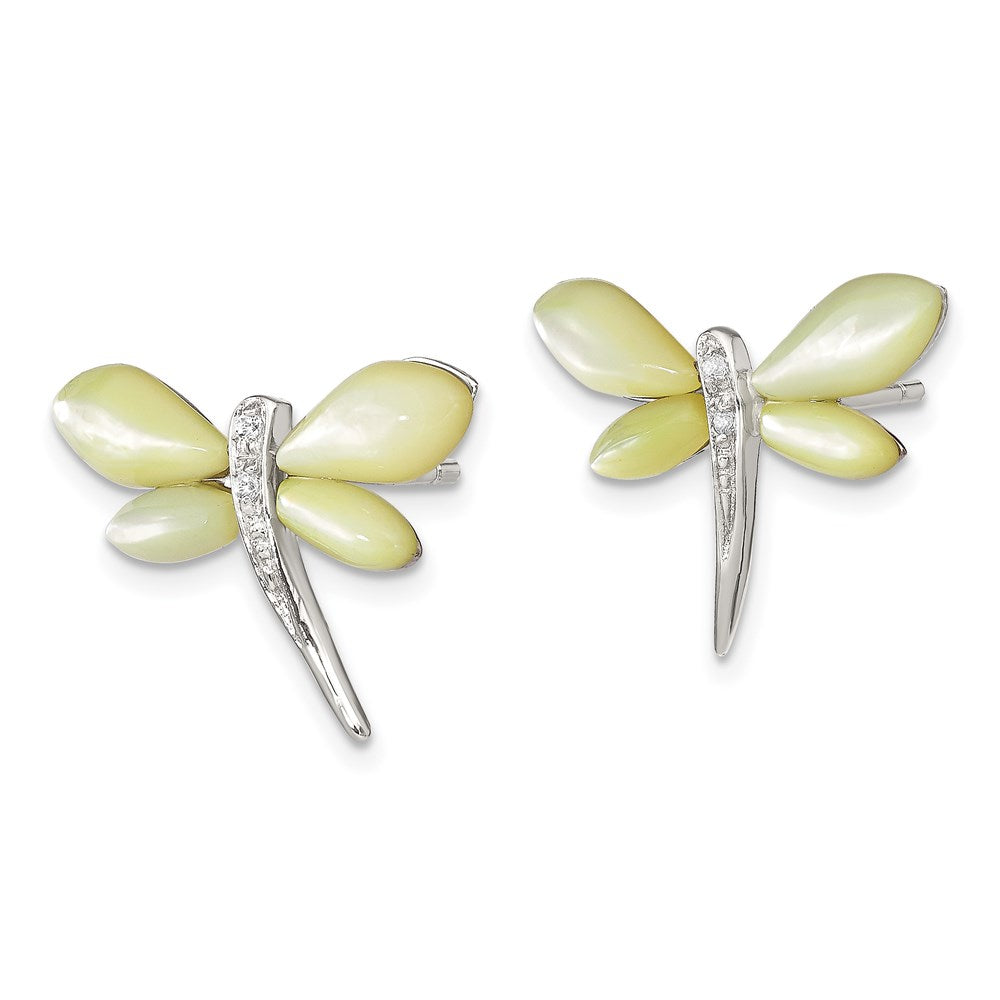 Sterling Silver Rhod-pltd CZ/Yellow MOP Dragonfly Post Earrings