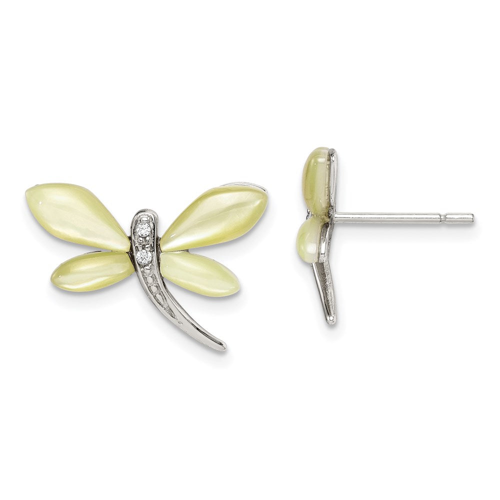 Sterling Silver Rhod-pltd CZ/Yellow MOP Dragonfly Post Earrings