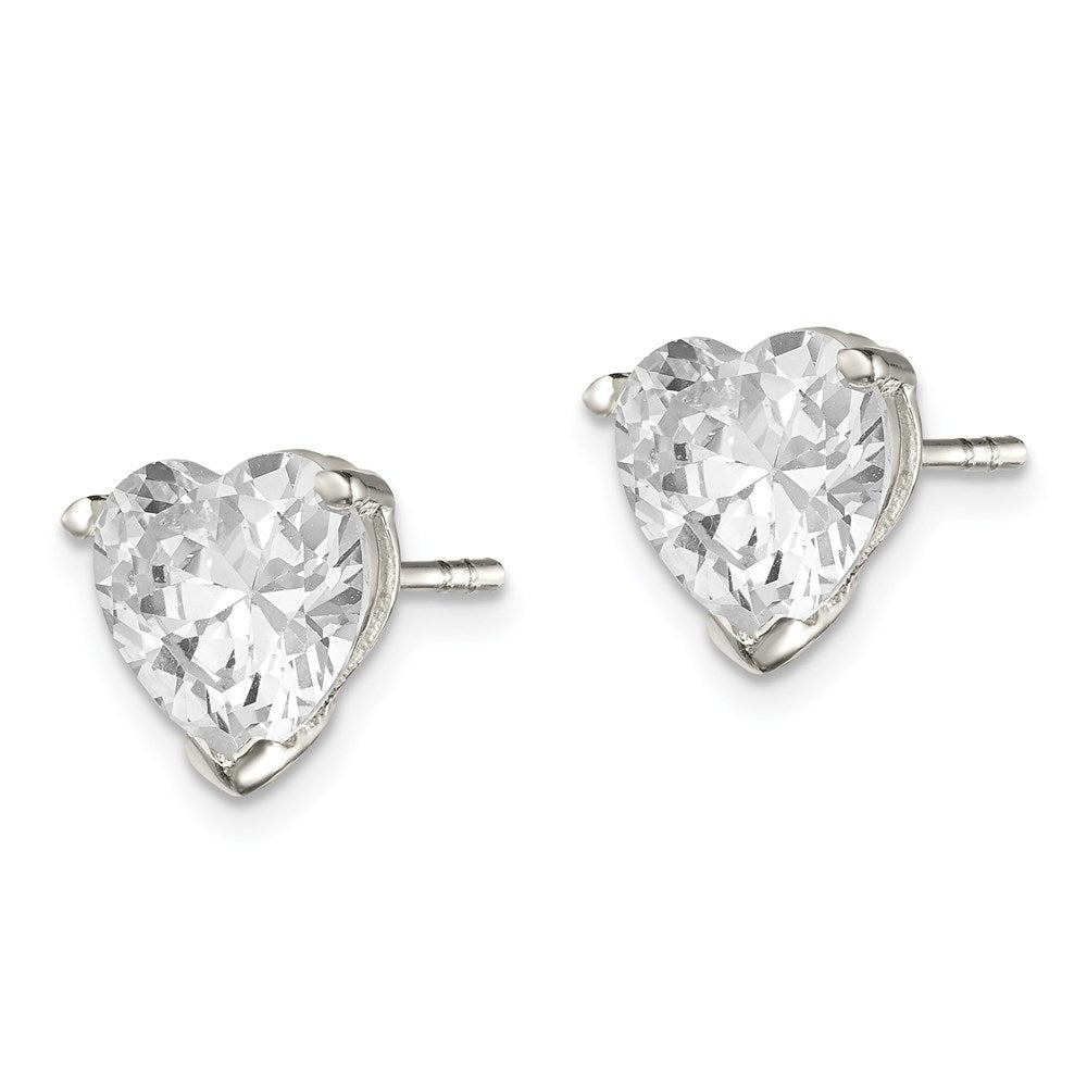 Sterling Silver Polished Heart 3 Prong Basket Set CZ Stud Earrings