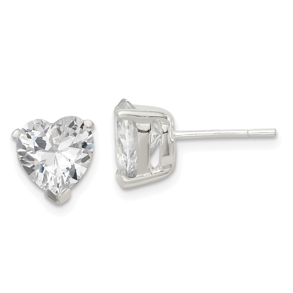Sterling Silver Polished Heart 3 Prong Basket Set CZ Stud Earrings