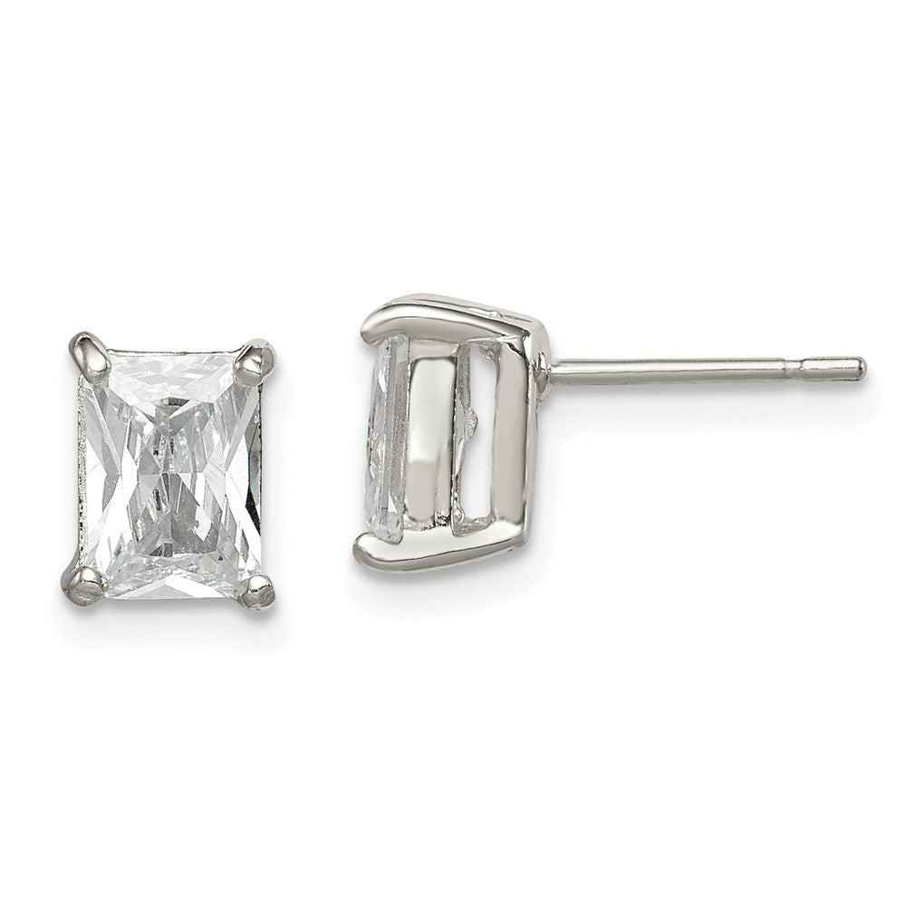 Sterling Silver Polished Emerald-cut 7x CZ Stud Earrings