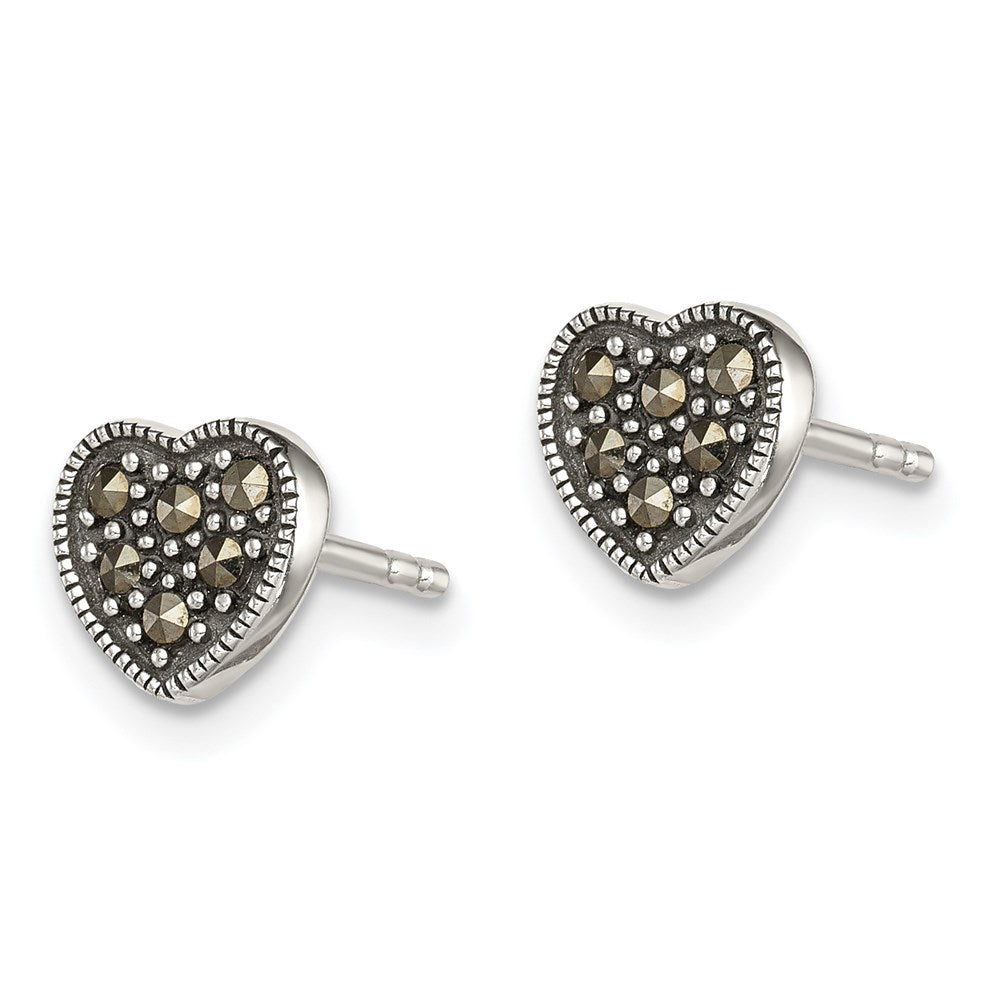 Sterling Silver Rhodium-plated Marcasite Heart Earrings