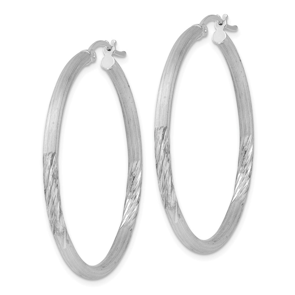 Sterling Silver Rhod-plated Polished/Satin Diamond-cut Hoop Earrings