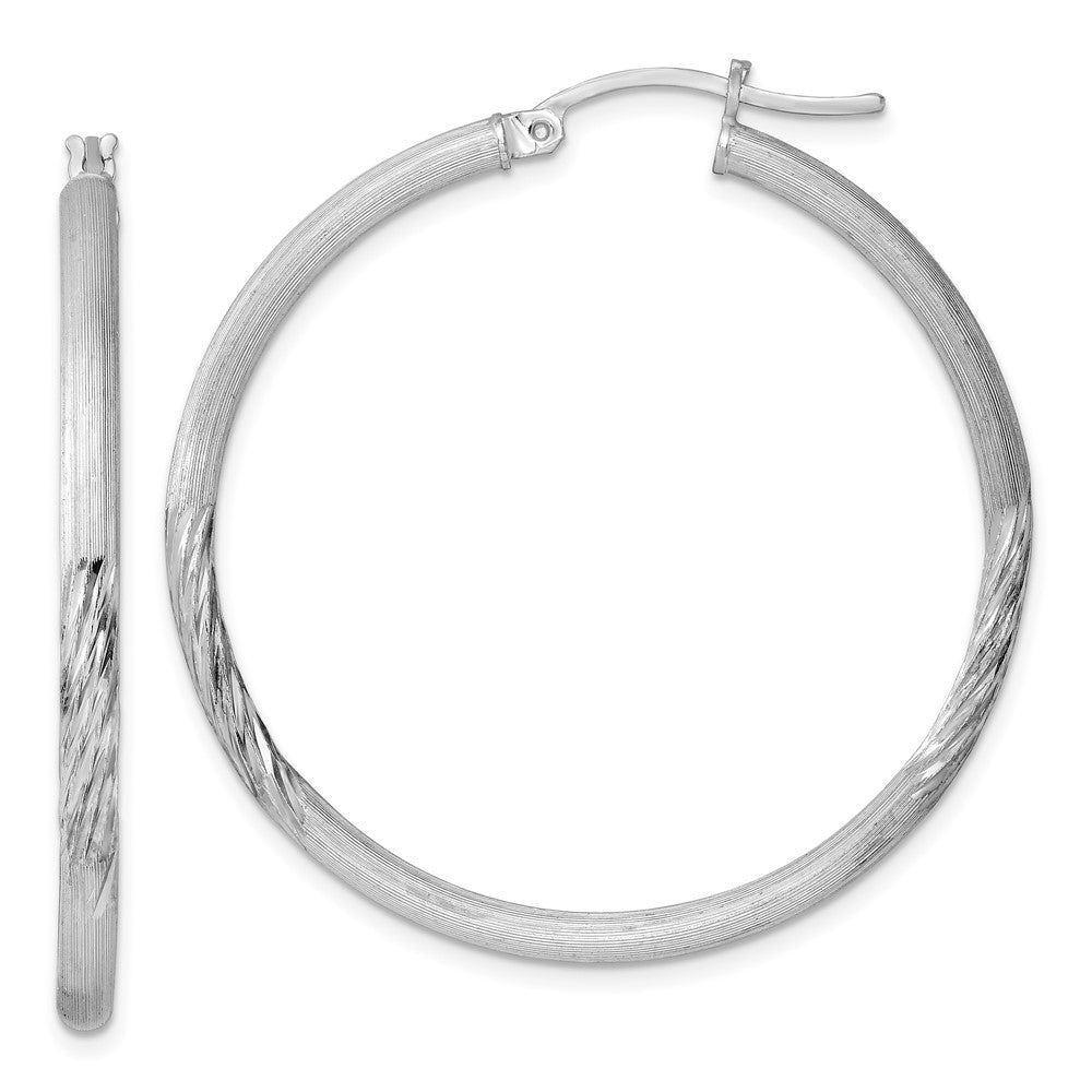 Sterling Silver Rhod-plated Polished/Satin Diamond-cut Hoop Earrings