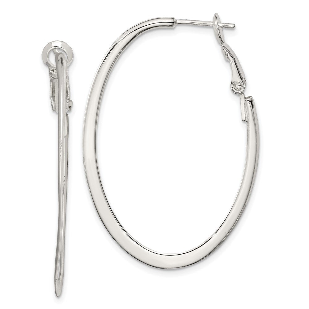 Sterling Silver Rhodium-plated Oval Omega Back Hoop Earrings